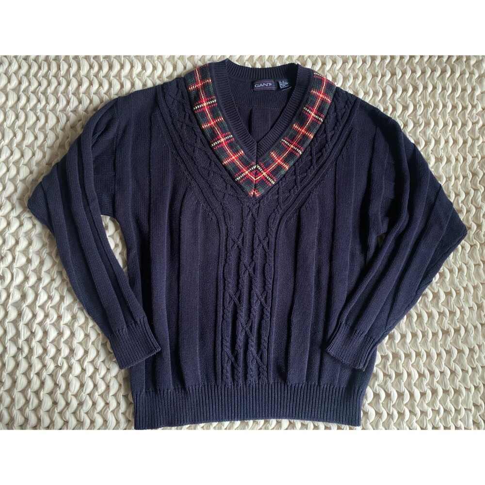 VINTAGE 90s Preppy Tartan Tennis GANT Sweater Medium Navy Cable Knit V Neck